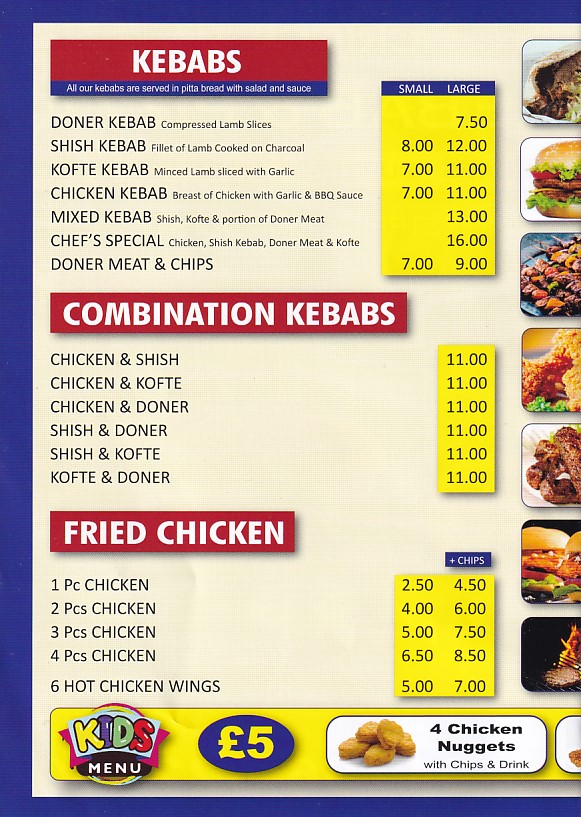 Menu of Criccieth Pizza Kebab House