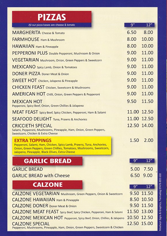 Menu of Criccieth Pizza Kebab House