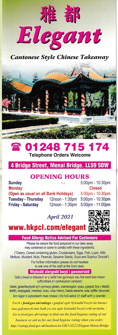 Menu of Elegant Chinese Menai Bridge