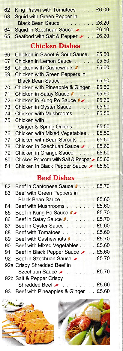 Menu of Elegant Chinese Menai Bridge