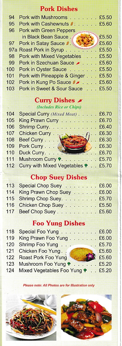Menu of Elegant Chinese Menai Bridge