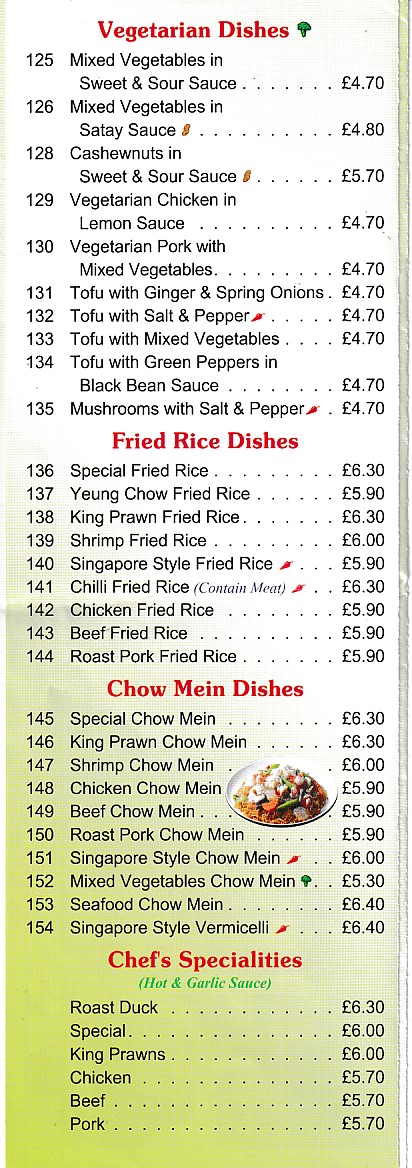 Menu of Elegant Chinese Menai Bridge