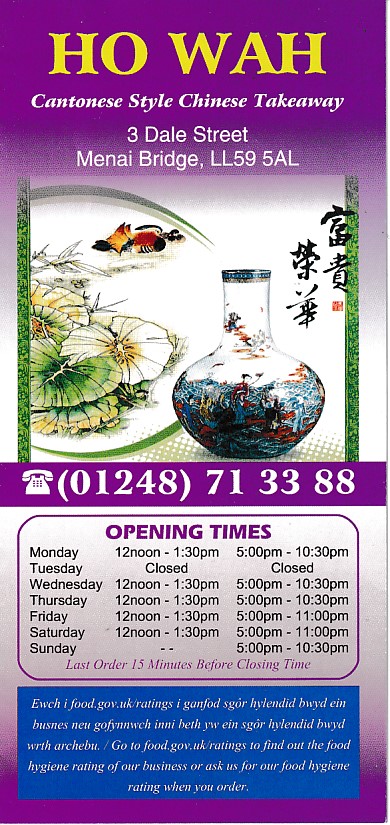 Menu of Ho Wah,Chinese Menai Bridge