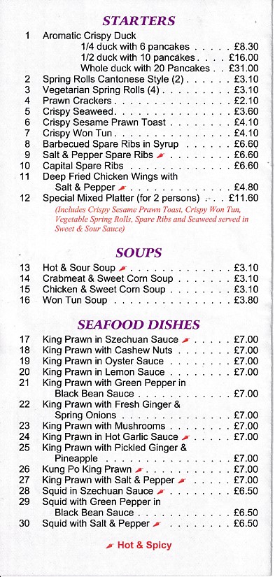 Menu of Ho Wah,Chinese Menai Bridge