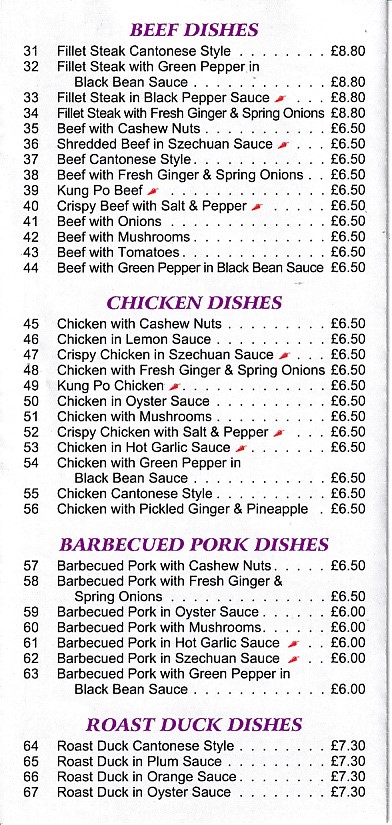 Menu of Ho Wah,Chinese Menai Bridge