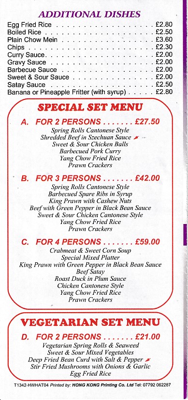 Menu of Ho Wah,Chinese Menai Bridge