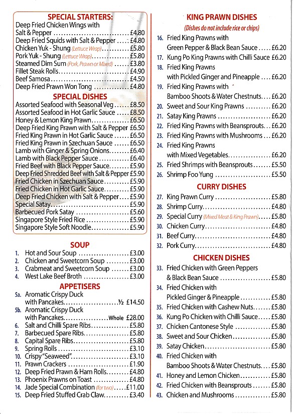 Menu of Jade Village, Chinese Takeaway in Menai Bridge