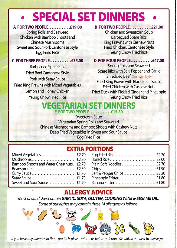Menu of Jade Village, Chinese Takeaway in Menai Bridge