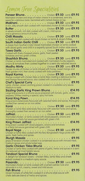 Menu of Lemon Tree Indian Takeaway,Penrhyndeudraeth
