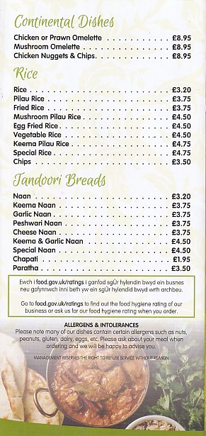 Menu of Lemon Tree Indian Takeaway,Penrhyndeudraeth