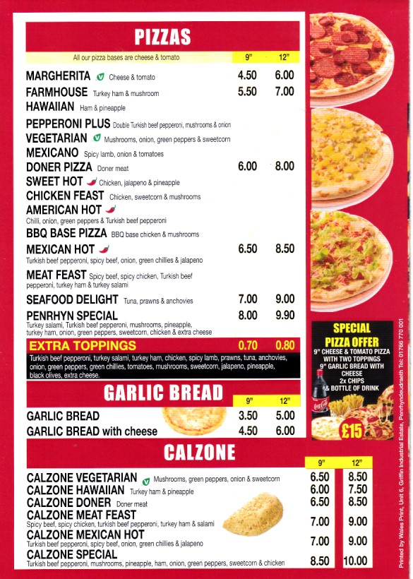 Menu of Penrhyn Pizza Kebab Takeaway